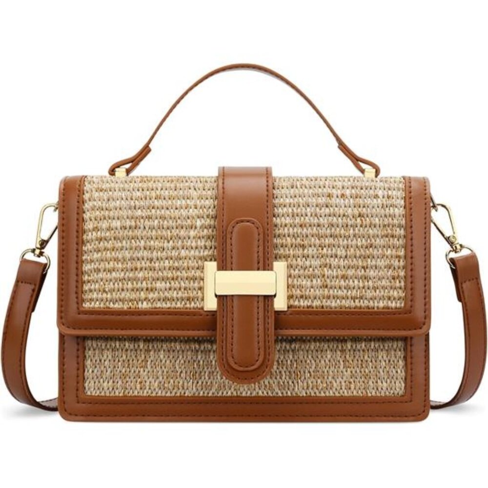 Women Brown Top Handle Straw Crossbody‎ Bags for Summer Straw Purses Bags